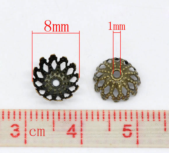 300 BULK Antique Bronze BRASS Filigree Bead Caps Findings 8mm  fits 8-9mm beads fin0112b