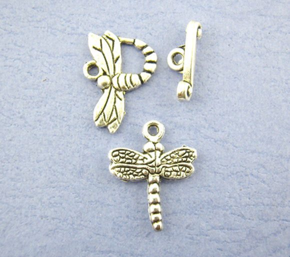 Silver Tone Metal DRAGONFLY Toggle Clasps, Toggle plus charm fcl0021