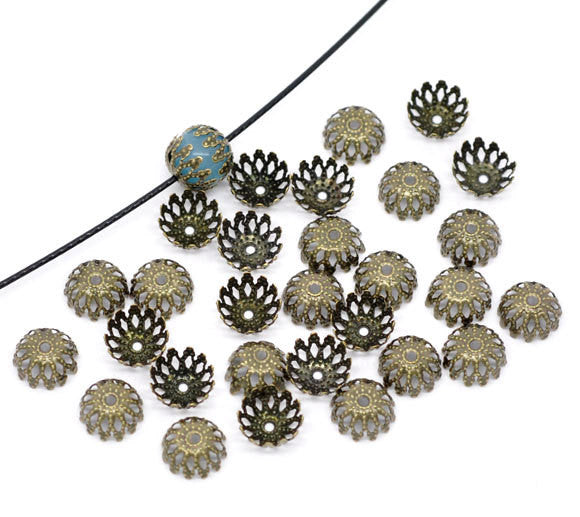 300 BULK Antique Bronze BRASS Filigree Bead Caps Findings 8mm  fits 8-9mm beads fin0112b