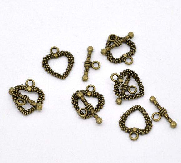 Antique Bronze Metal Toggle Clasps TEXTURED HEART fcl0065