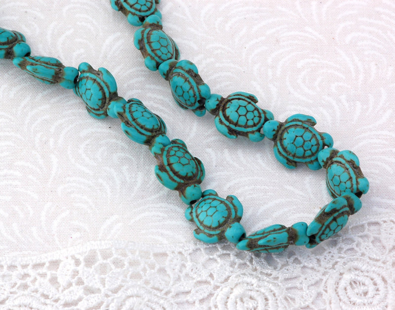 1 Strand 15.5" Turquoise Blue Stone TURTLE Carved Gemstone Beads . 24 beads . How0029