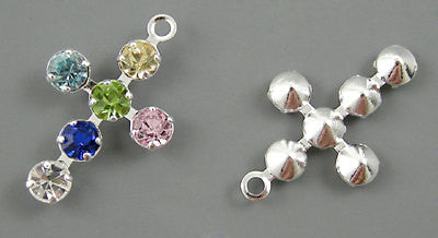 4  Silver Metal Rhinestone CROSS Charm Pendants . multi-colored crystals . 20x12mm chs1031