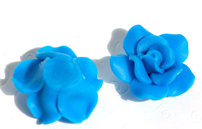 2 Large BRIGHT BLUE Polymer Clay Rose Beads pol0087