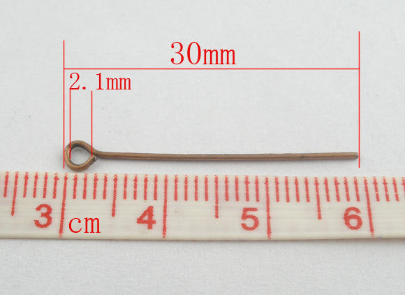 500 Copper Tone Eye Pins Findings 30mm x 0.7mm   21 gauge  pin0009