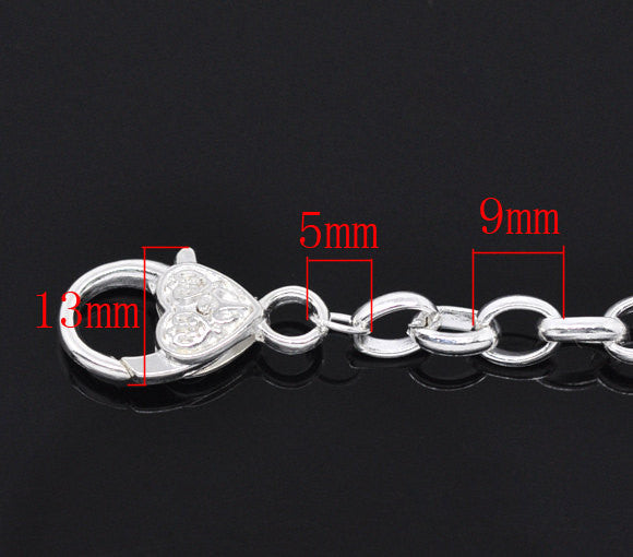 5 Bright Silver Plated Metal LINK Charm Bracelets with Heart Lobster Clasp  fch0002b
