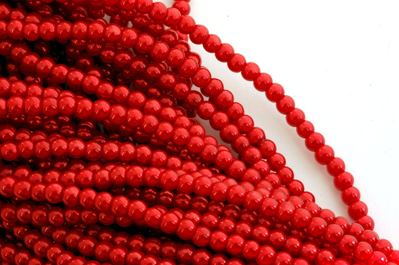 4mm Rich CHRISTMAS RED Round Glass Pearls . 200 beads . bgl0404