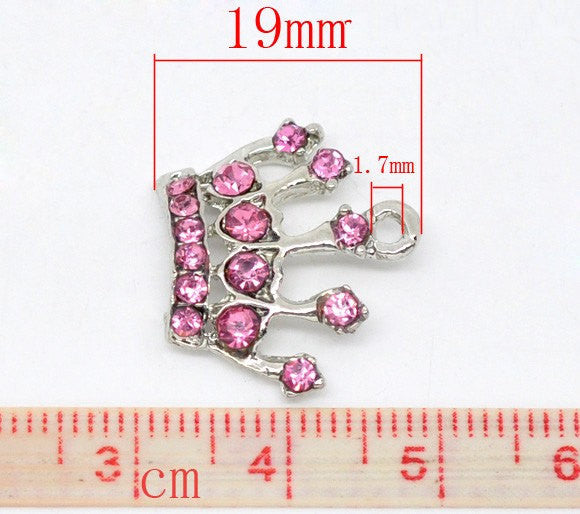 4 Rhinestone PINK Crystal PRINCESS Crown Charms, Silver Base, Clear Rhinestones  21x20mm . chs1010