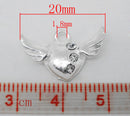4 Silver Plated Rhinestone ANGEL WING Heart Charm Pendants  20x13mm. chs0861