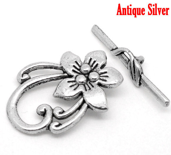 Antique Silver Fancy Toggle Clasps . Flower Lily Design  fcl0046