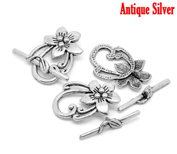 Antique Silver Fancy Toggle Clasps . Flower Lily Design  fcl0046