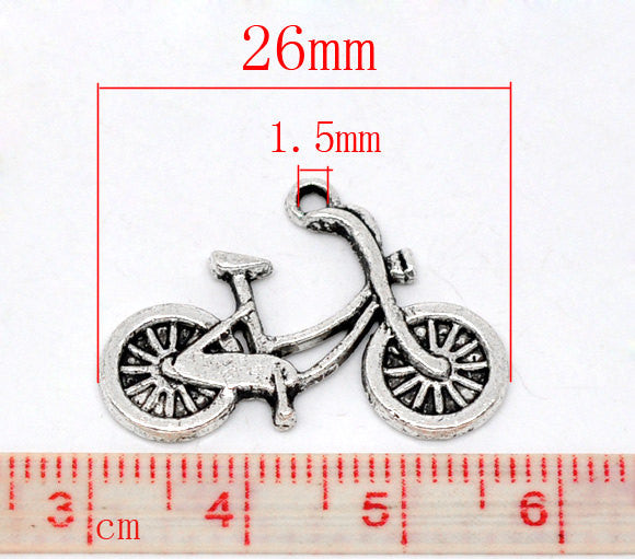6 Medium Antique Silver Tone Metal Pewter GIRL'S Touring Bicycle Charm Pendants . 26 x 18mm  . chs0271