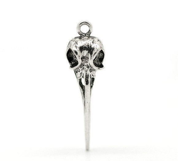 4 Silver BIRD SKULL Charm Pendants for Halloween, Gothic Raven, Metal, 39mm x 11mm chs0113