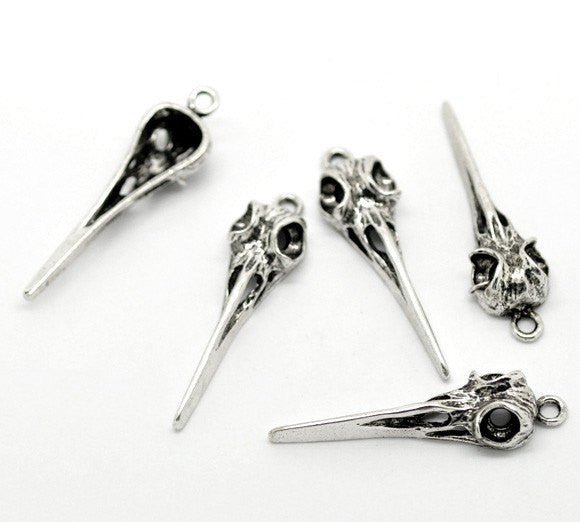 4 Silver BIRD SKULL Charm Pendants for Halloween, Gothic Raven, Metal, 39mm x 11mm chs0113