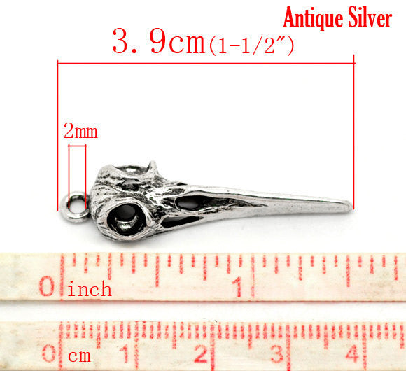 4 Silver BIRD SKULL Charm Pendants for Halloween, Gothic Raven, Metal, 39mm x 11mm chs0113