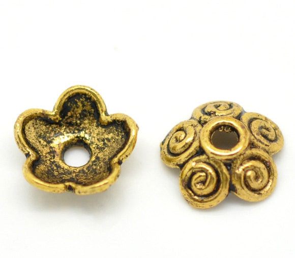 100 Antiqued Gold BRASS SWIRL Bead Caps Findings 10mm fin0088b