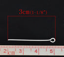 Bulk Package Bright Silver PLATED Metal Eye Pins 21/22 gauge, 3cm long (1-1/8" long)  pin0037