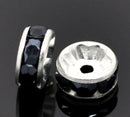 Silver Plated Jet Black Color Rhinestone Rondelle Spacers Beads 8mm . 10 pieces . Smooth Edge . bme0189