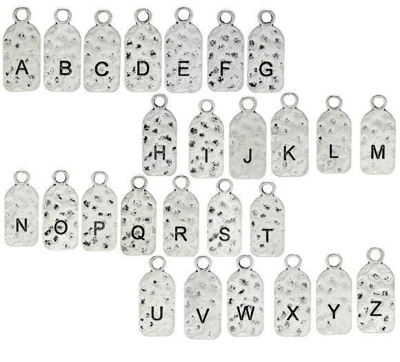 5 Letter T Monogram Initial Letter Stamped Rectangle Tag Charms, Hammered Antiqued Silver Tone Metal, 27x12mm, chs2618