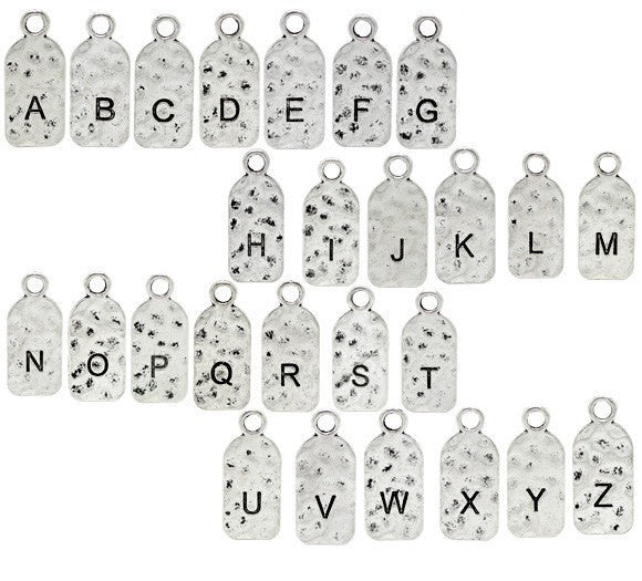 5 Letter F Monogram Initial Letter Stamped Rectangle Tag Charms, Hammered Antiqued Silver Tone Metal, 27x12mm, chs2604