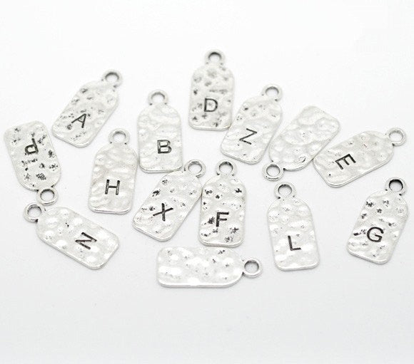5 Letter J Monogram Initial Letter Stamped Rectangle Tag Charms, Hammered Antiqued Silver Tone Metal, 27x12mm, chs2608