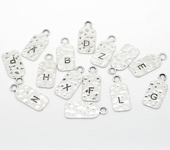 5 Letter N Monogram Initial Letter Stamped Rectangle Tag Charms, Hammered Antiqued Silver Tone Metal, 27x12mm, chs2612