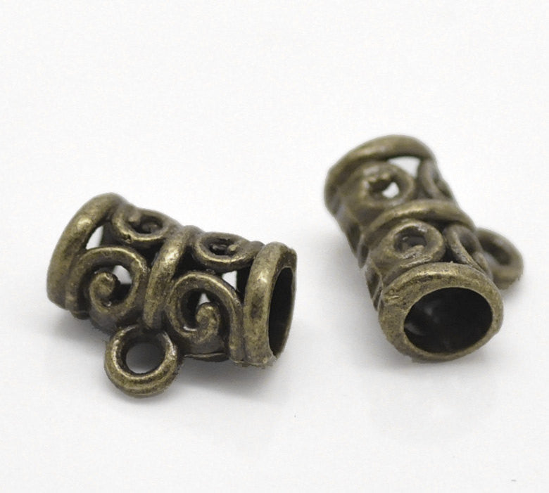 10 Antiqued Bronze Tone Pewter Swirl Filigree Pattern Tube Spacer Beads with Bail  .  11x5mm FBA0007