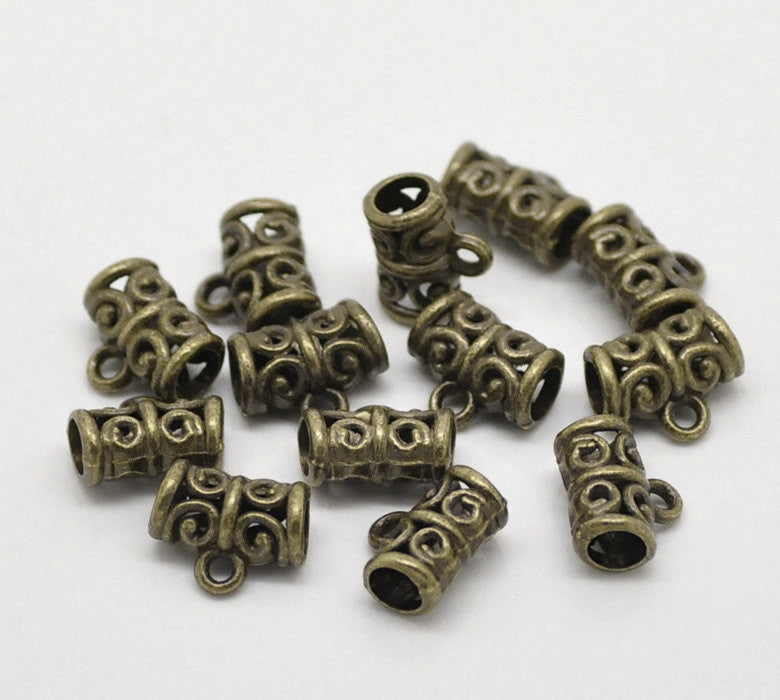 10 Antiqued Bronze Tone Pewter Swirl Filigree Pattern Tube Spacer Beads with Bail  .  11x5mm FBA0007
