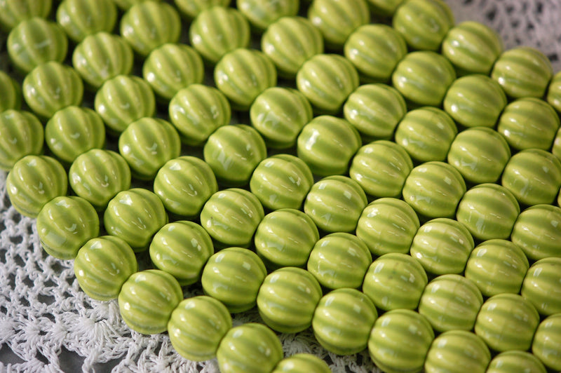 1 Strand Bright Lime Apple Green PUMPKIN Ceramic Porcelain Beads . approx 26 beads . carved  12mm x 13mm  bgl0634