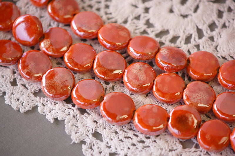 1 Strand SUNSET ORANGE Ceramic Porcelain COIN Beads . approx 20 pearlized beads . carved  16-17mm  bgl0641