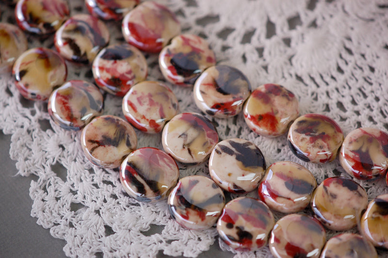 1 Strand  CRIMSON Red, Tan and BLACK Ceramic Porcelain COIN Beads . approx 20 pearlized beads . carved  16-17mm  bgl0640