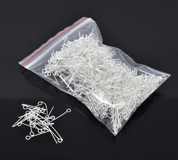 1000 Silver Plated Copper Eye Pins Findings  18mm Wholesale bulk package  22 gauge wire   0.75" long . Pin0036