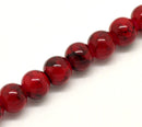 8mm Red Glass Beads, Black Marbled Swirl Pattern,100 beads, bgl0752