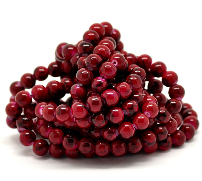 8mm Red Glass Beads, Black Marbled Swirl Pattern,100 beads, bgl0752