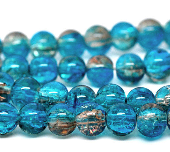 6mm BROWN and BLUE Crackle Glass Round Beads, 32 inch strand . about 140 beads bgl0298