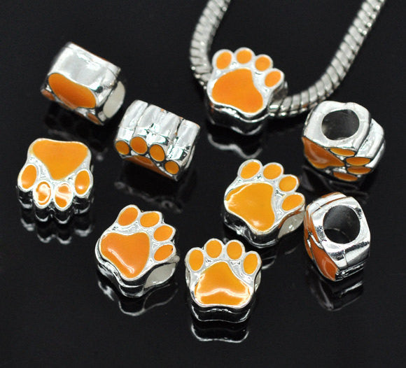 2 Silver Metal and Enamel ORANGE PAW Print Charm European Bead for large hole European chains  bme0235