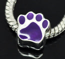 2 Silver Metal and Enamel Fuchsia PURPLE PAW Print Charm European Bead for large hole European chains  bme0234