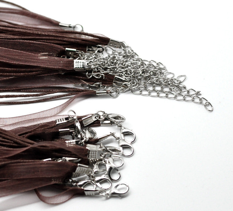 20 CHOCOLATE BROWN Organza Necklaces with Lobster Clasp . 17.5" long with 2" extender chain  fch0054