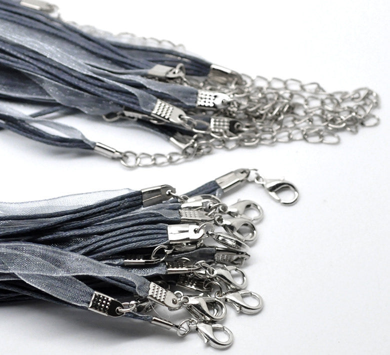20 SILVERY GREY Organza Necklaces with Lobster Clasp . 17.5" long with 2" extender chain  fch0055