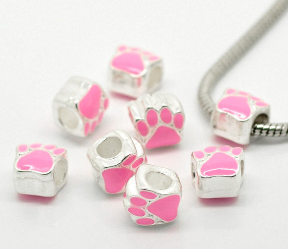 2 Silver Metal and Enamel PINK PAW Print Charm European Bead for large hole European chains  bme0238