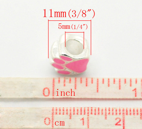 2 Silver Metal and Enamel PINK PAW Print Charm European Bead for large hole European chains  bme0238