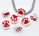 2 Silver Metal and Enamel RED PAW Print Charm European Bead for large hole European chains  bme0236