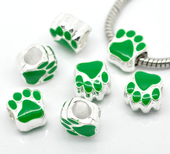 2 Silver Metal and Enamel GREEN PAW Print Charm European Bead for large hole European chains  bme0237