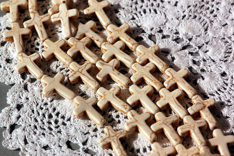 1 strand, 16 Medium Sized Beads Small Stone Cross Beads in OFF WHITE . Sideways Cross 25x18mm how0043