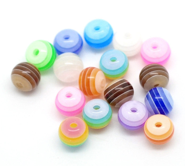 50 Round Mixed Colors Stripe Striped Beads . rainbow, black and white, orange, red, yellow, pink . acrylic . 6mm  bac0066a