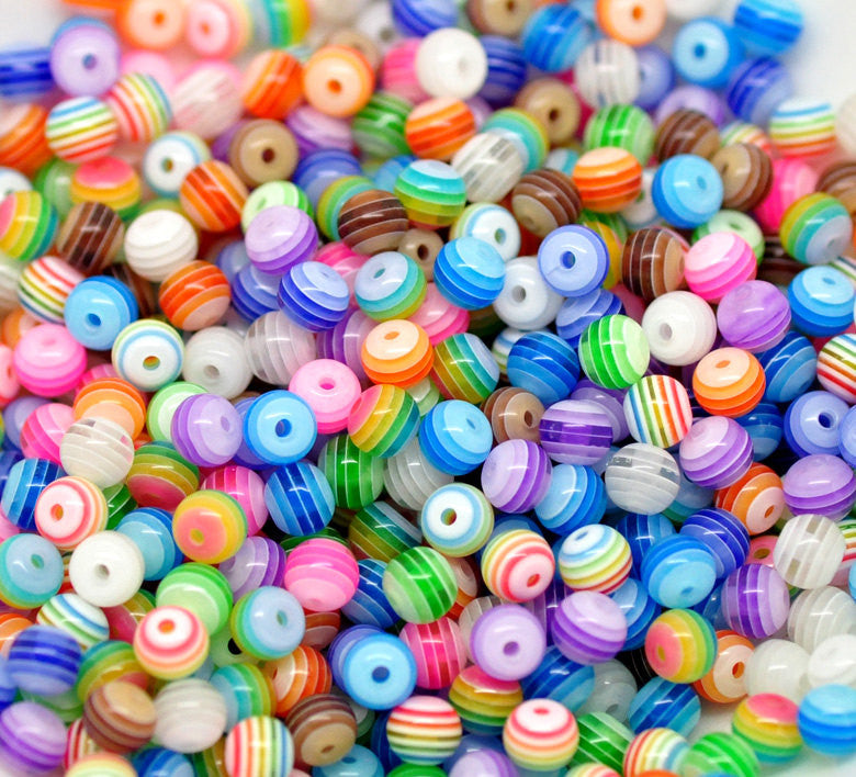 50 Round Mixed Colors Stripe Striped Beads . rainbow, black and white, orange, red, yellow, pink . acrylic . 6mm  bac0066a