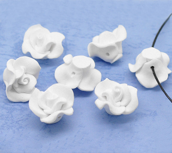 4 BRIDAL WHITE Polymer Clay Rose Flower Beads 23mm  (about 1")  pol0012
