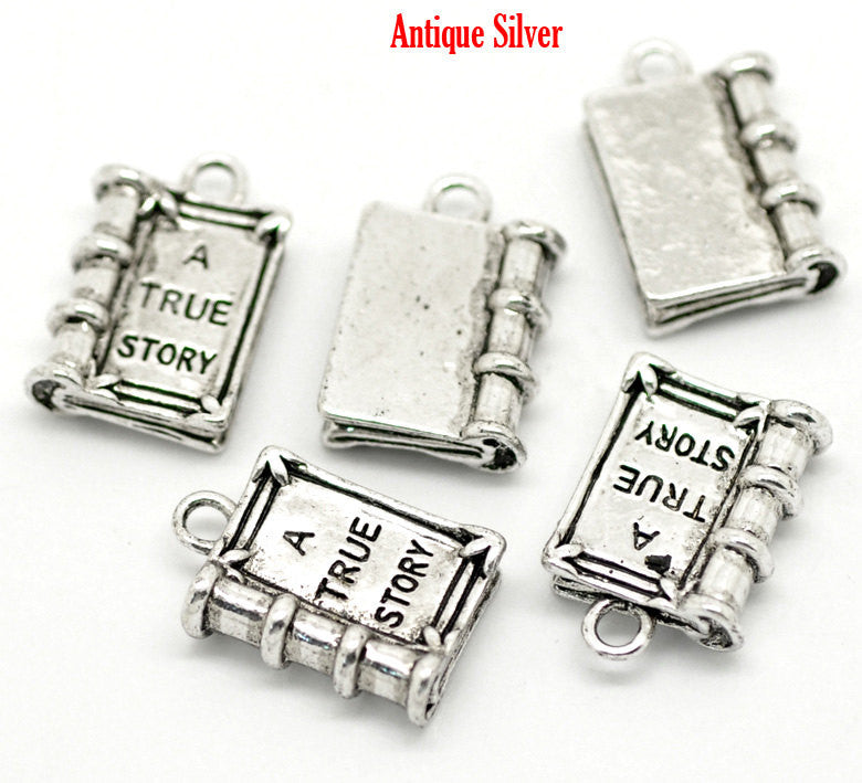 4 Antique Silver Metal 3-D  3D "A True Story" Book Charms Pendants  chs1305a