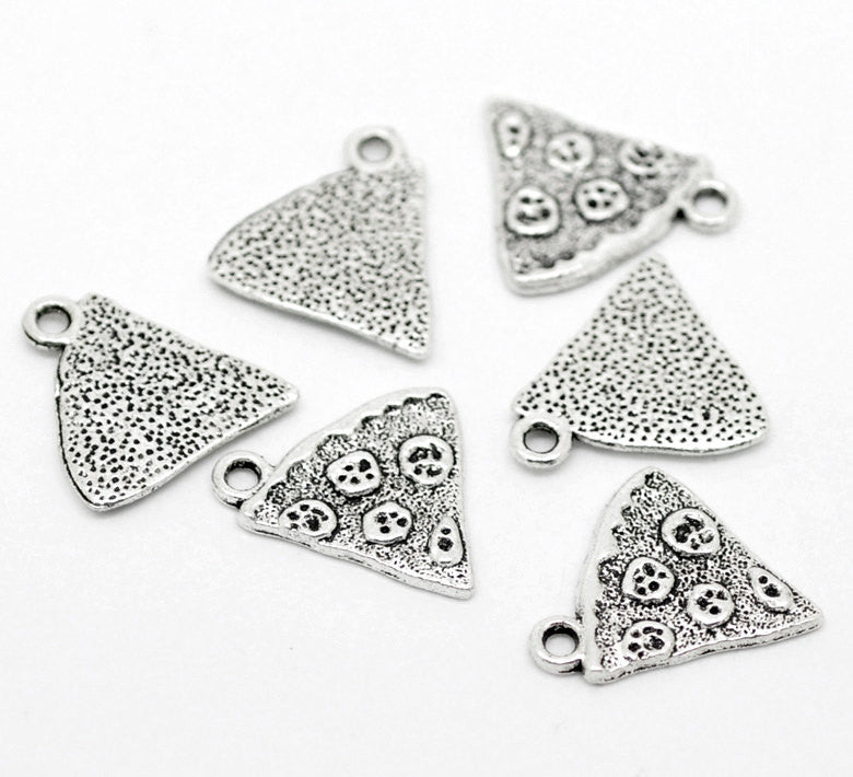 6 Silver Tone Pewter PIZZA Food Charm Pendants chs0163