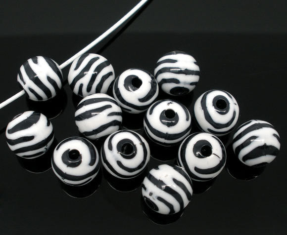 50 Round BLACK and WHITE TIGER or Zebra Striped Beads . acrylic . great for homecoming, spring animal print designs . bac0180