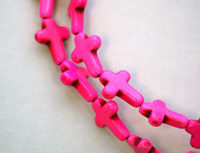 1 strand Howlite Stone Cross Beads in HOT PINK  25x18mm how0170